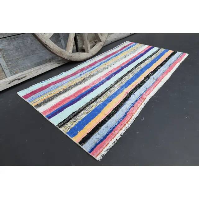 Vintage Turkish Oushak Handmade Wool Cotton Blue Area Rug 86x175