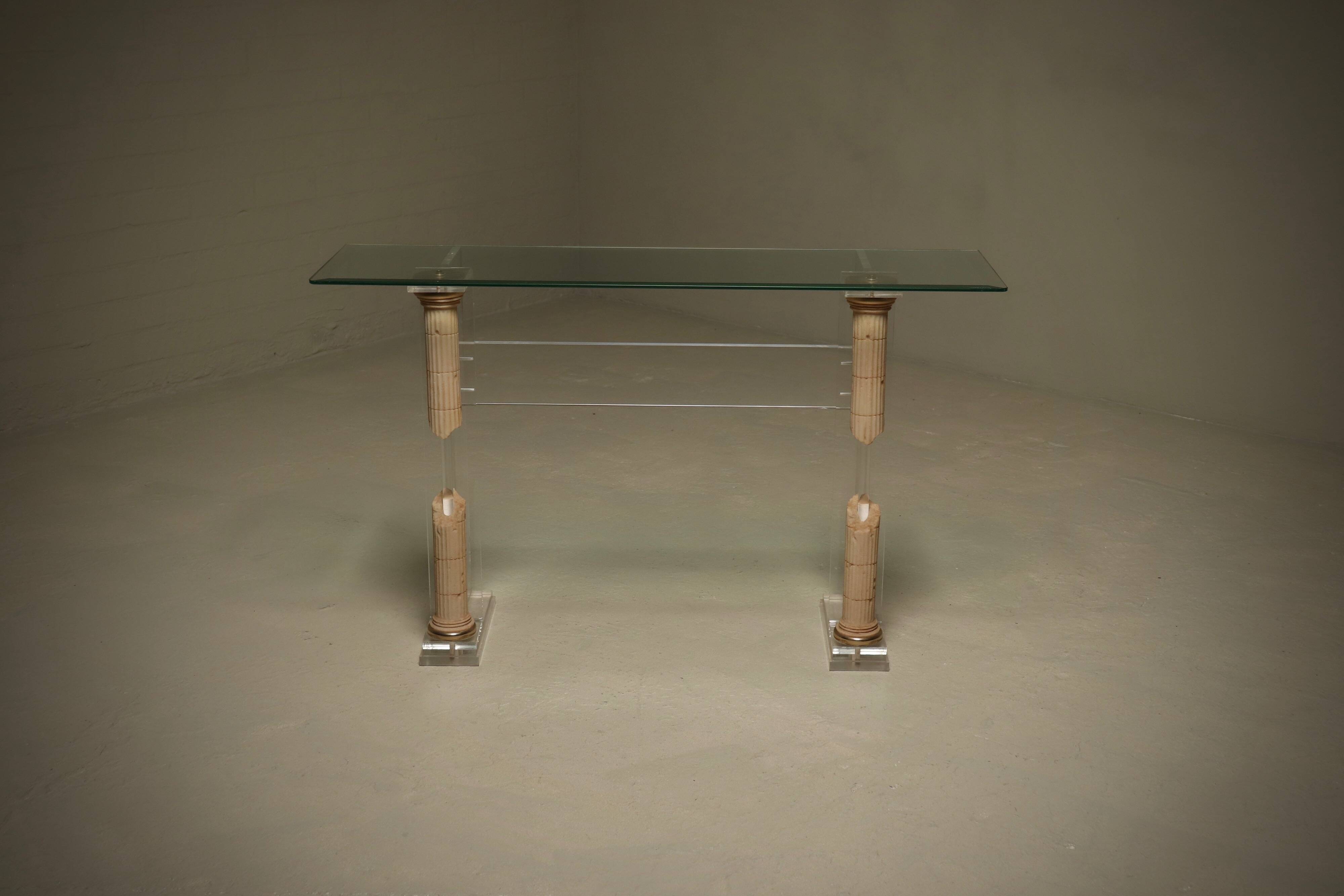 Italian Modern Plexiglass Console Table with Roman Column Details 1980s