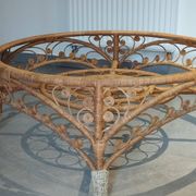 Large Peacock-French Riviera coffee table in rattan, bamboo, glass, vintage.