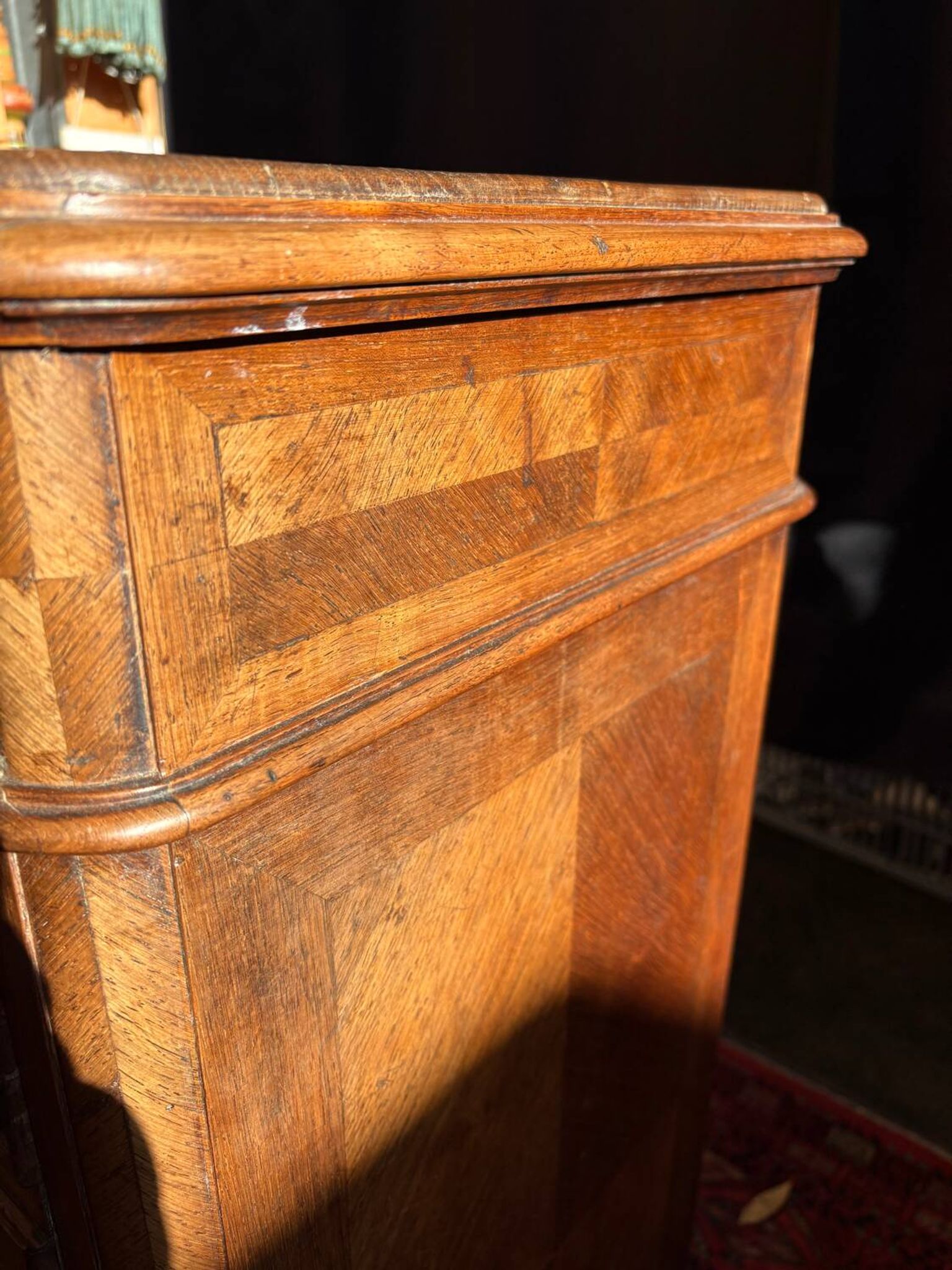 Antique Louis XV style bedside table, marble niche, marquetry, late 19th century