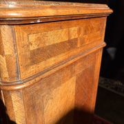 Antique Louis XV style bedside table, marble niche, marquetry, late 19th century