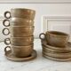 Lot de 6 tasses en grès design et ses soucoupes années 60 signées fait-main