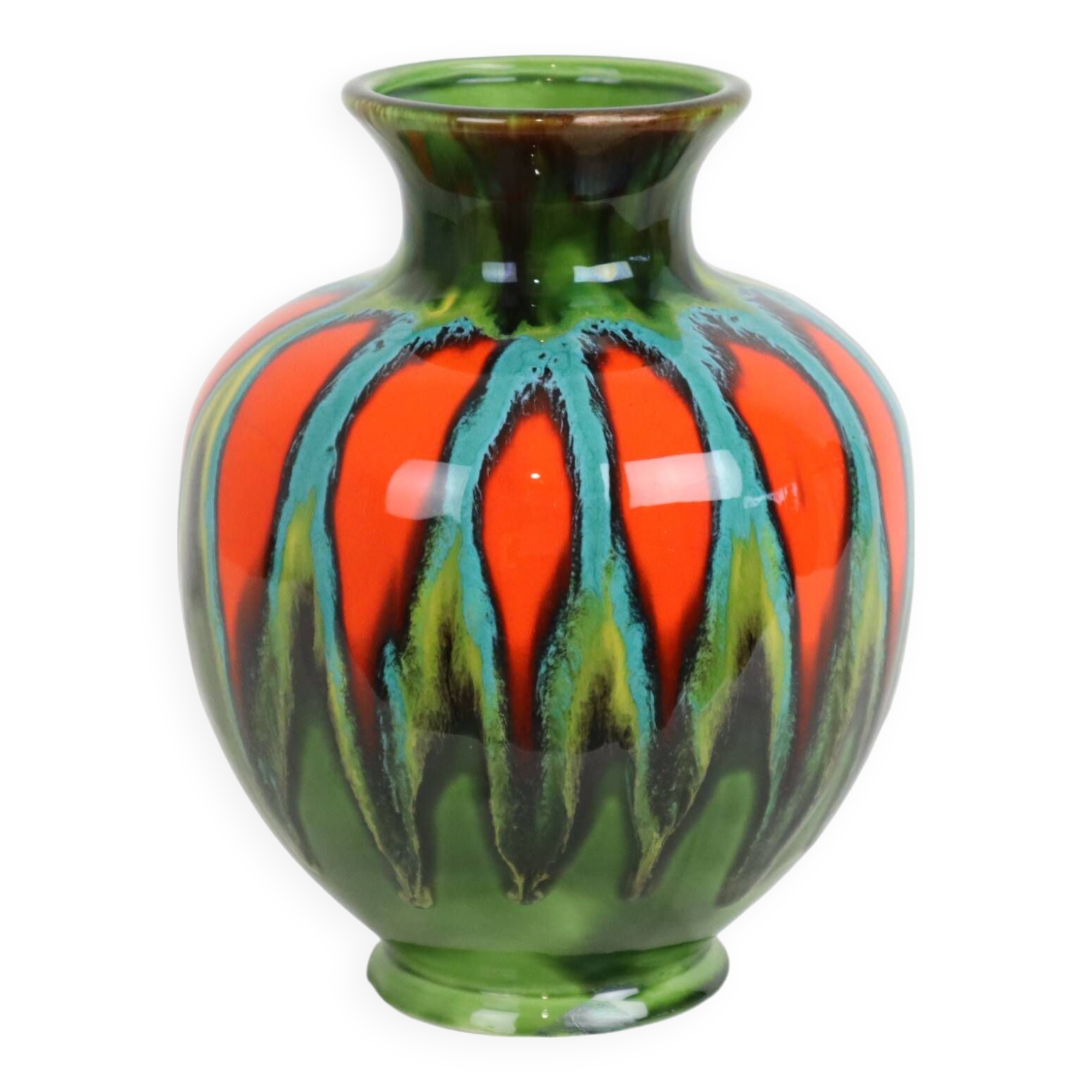 Hubert Bequet Vase Orange Green Turquoise Ceramic Sixties