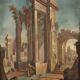 Ancient painting, architectural view, tempera on canvas, 18th century.