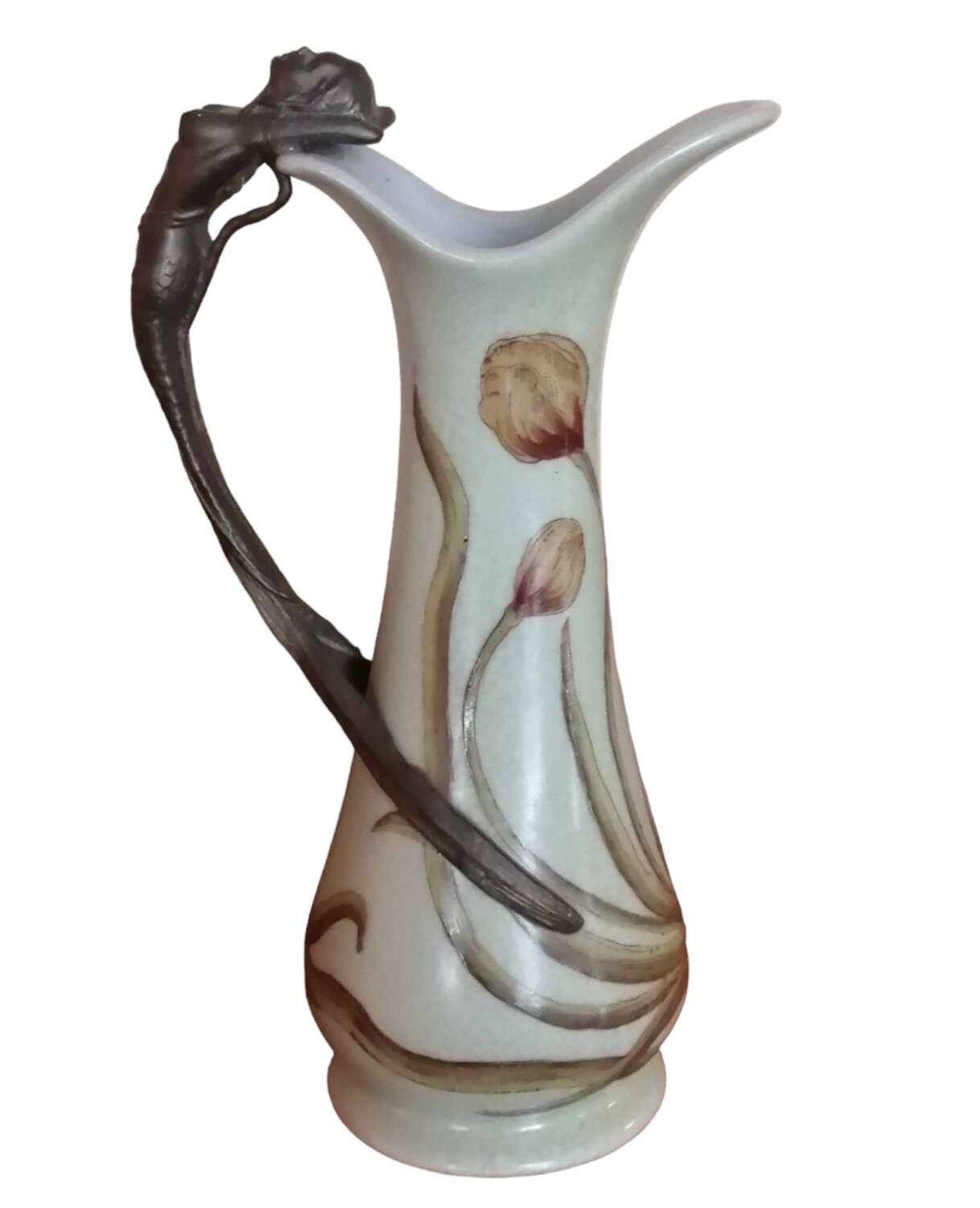 Ancienne carafe Art Nouveau céramique et anse bronze décor sirène/Anno 1906