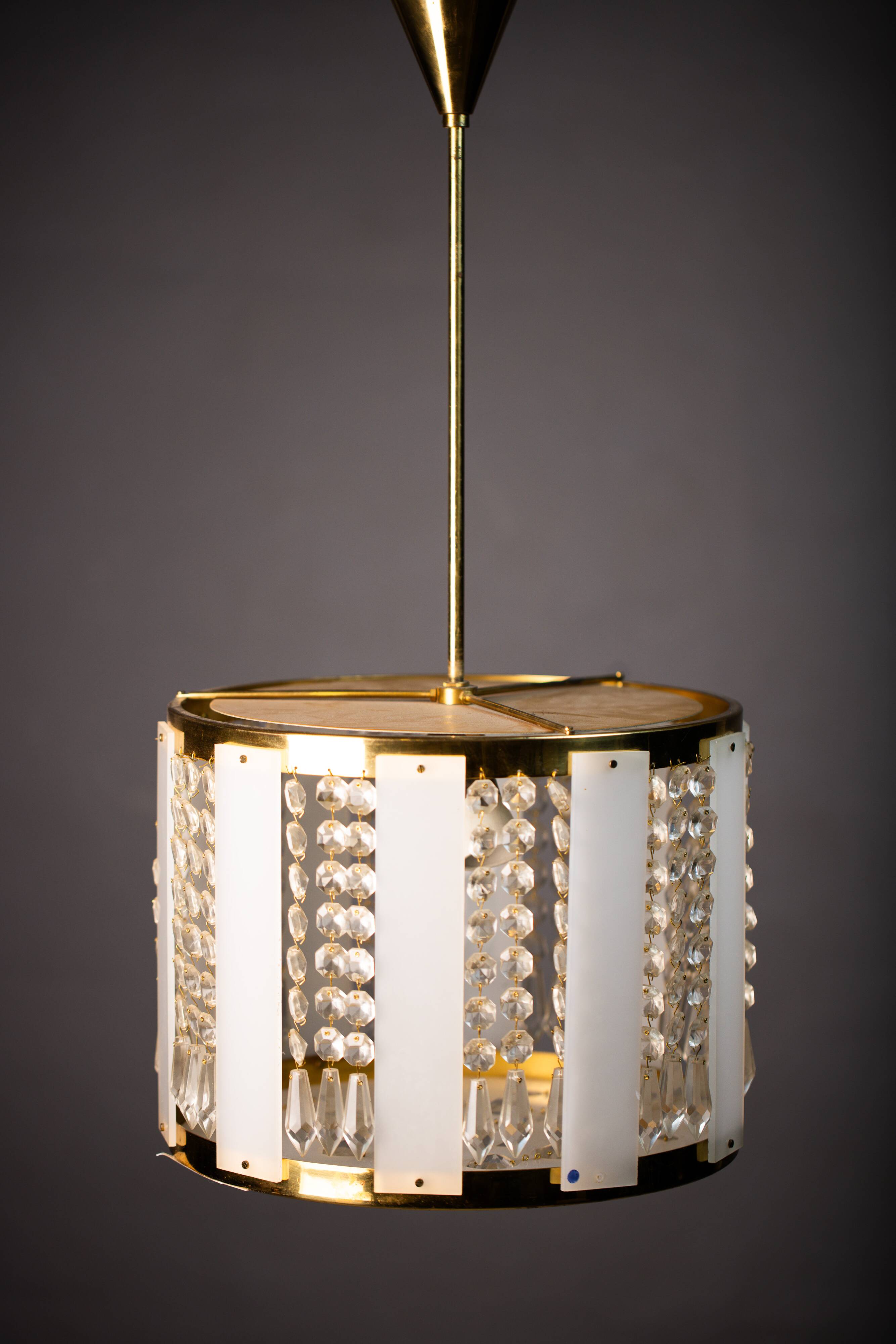 Vintage Crystal Chandelier: 1970s Czech Brass Glass Pendant Light