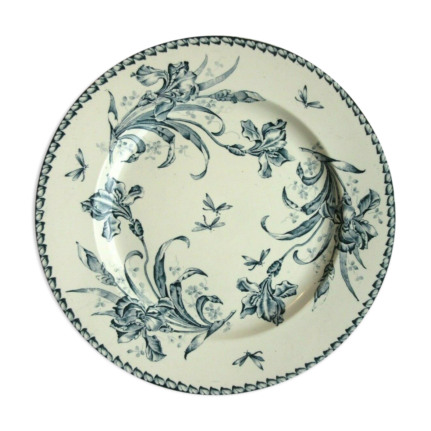 Badonviller Flat Round Dish, Blue Iris, Art Nouveau