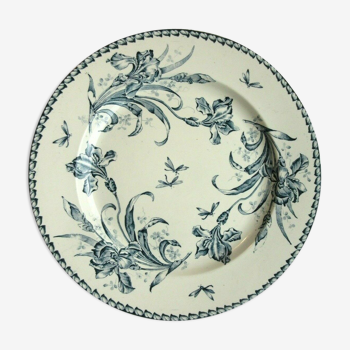 Badonviller Flat Round Dish, Blue Iris, Art Nouveau