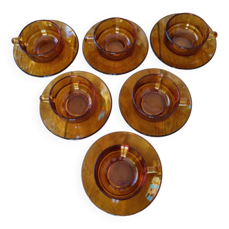 Duralex vintage 6 amber glass cup and saucer signed