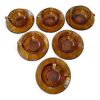 Duralex vintage 6 tasse et sous-tasse en verre ambré signé