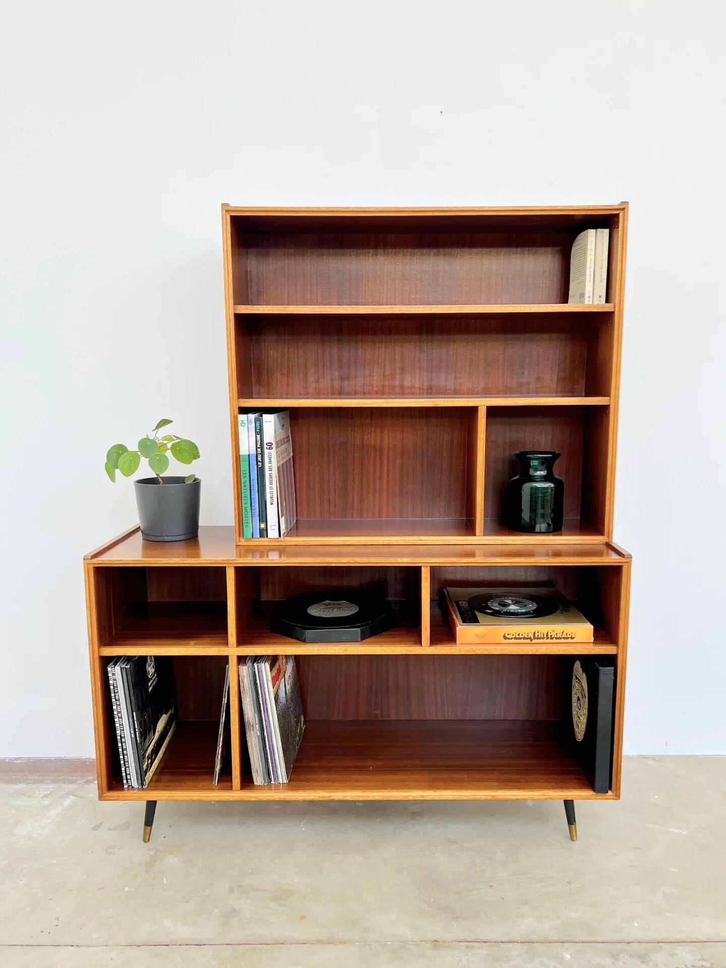 Asymmetrical mahogany bookshelf — 2 offset elements, custom-made, 1960s