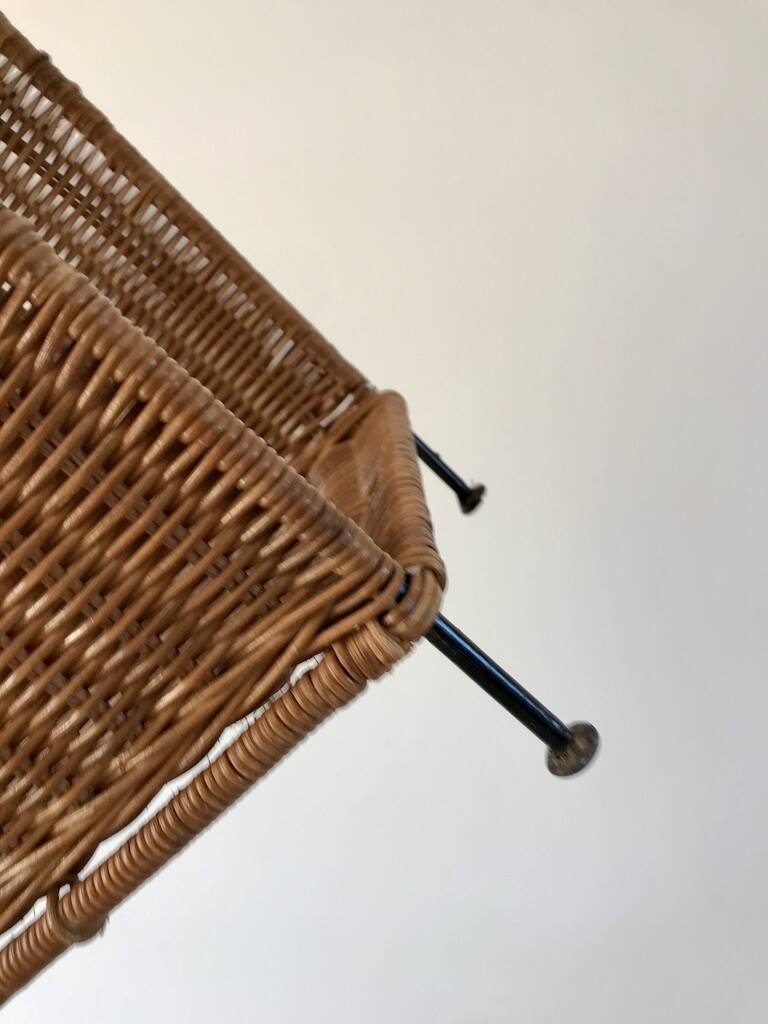 large wicker / rattan and black iron magazine rack from the 70s