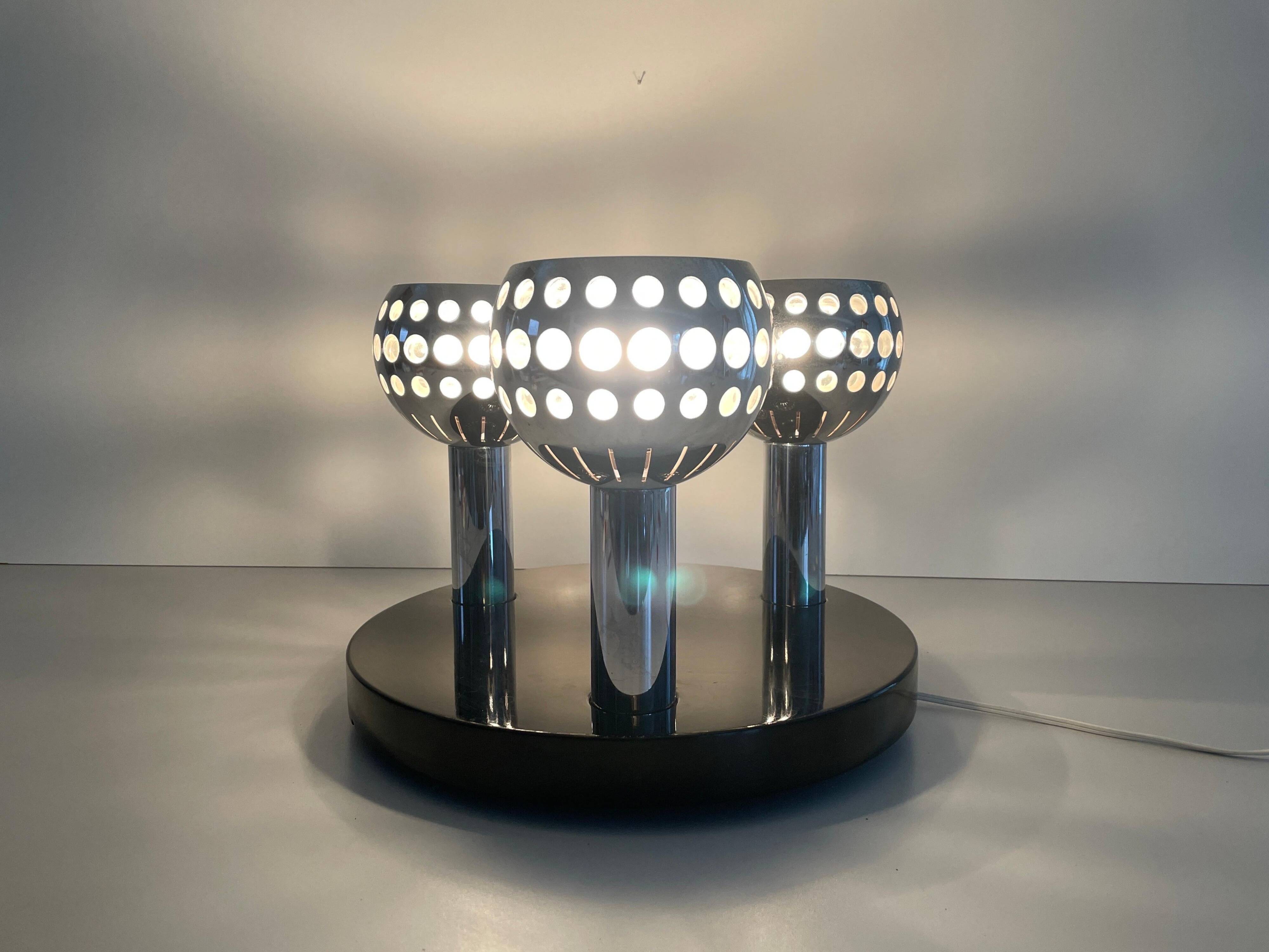 Mid-century ceiling light with 3 shades and wooden base, 1960s, Italy.
