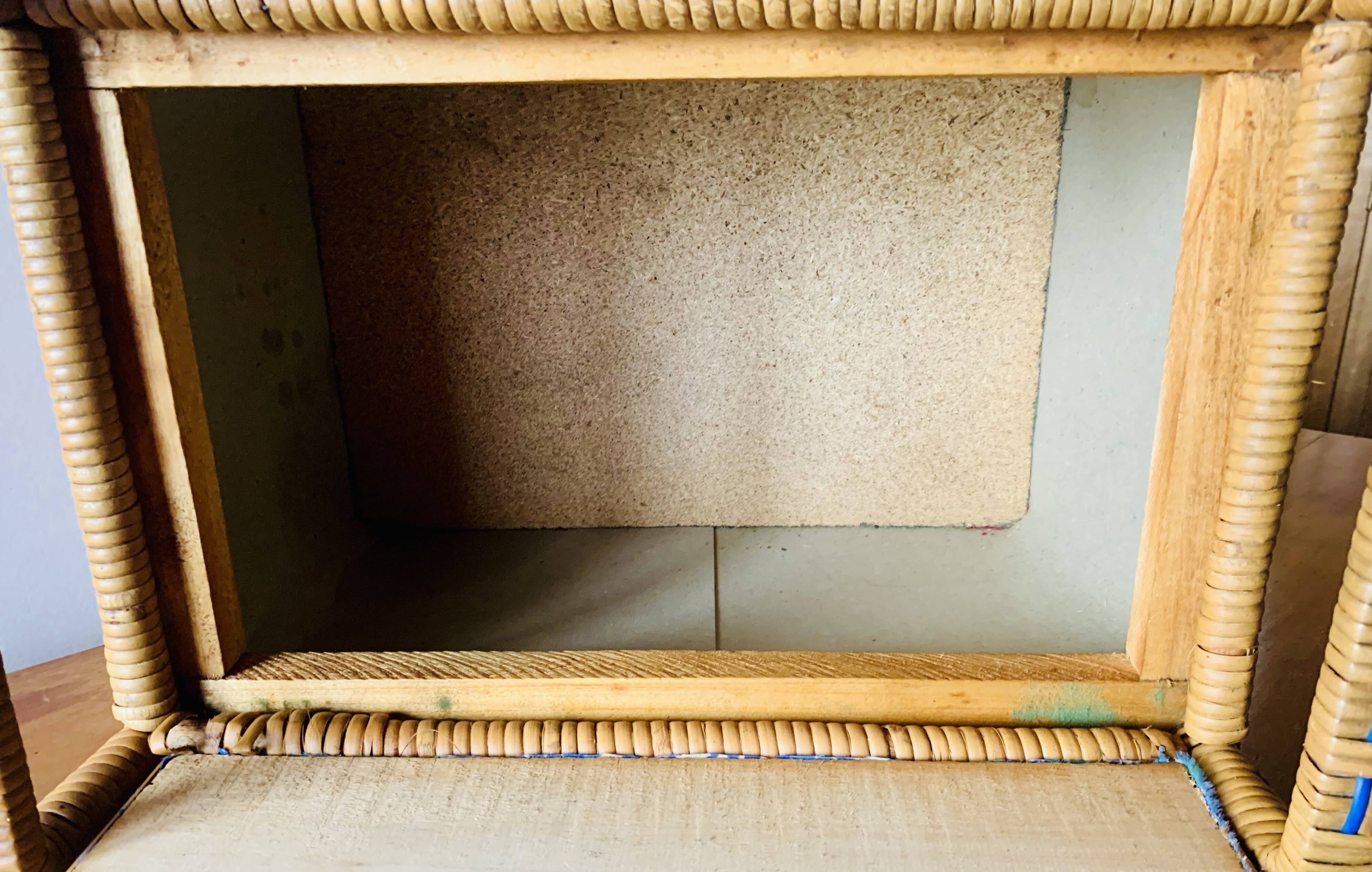 Large vintage rattan and wicker sewing basket with fabric seat