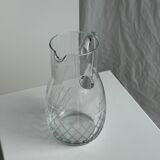 Glass carafe with handle with etched geometric grid pattern