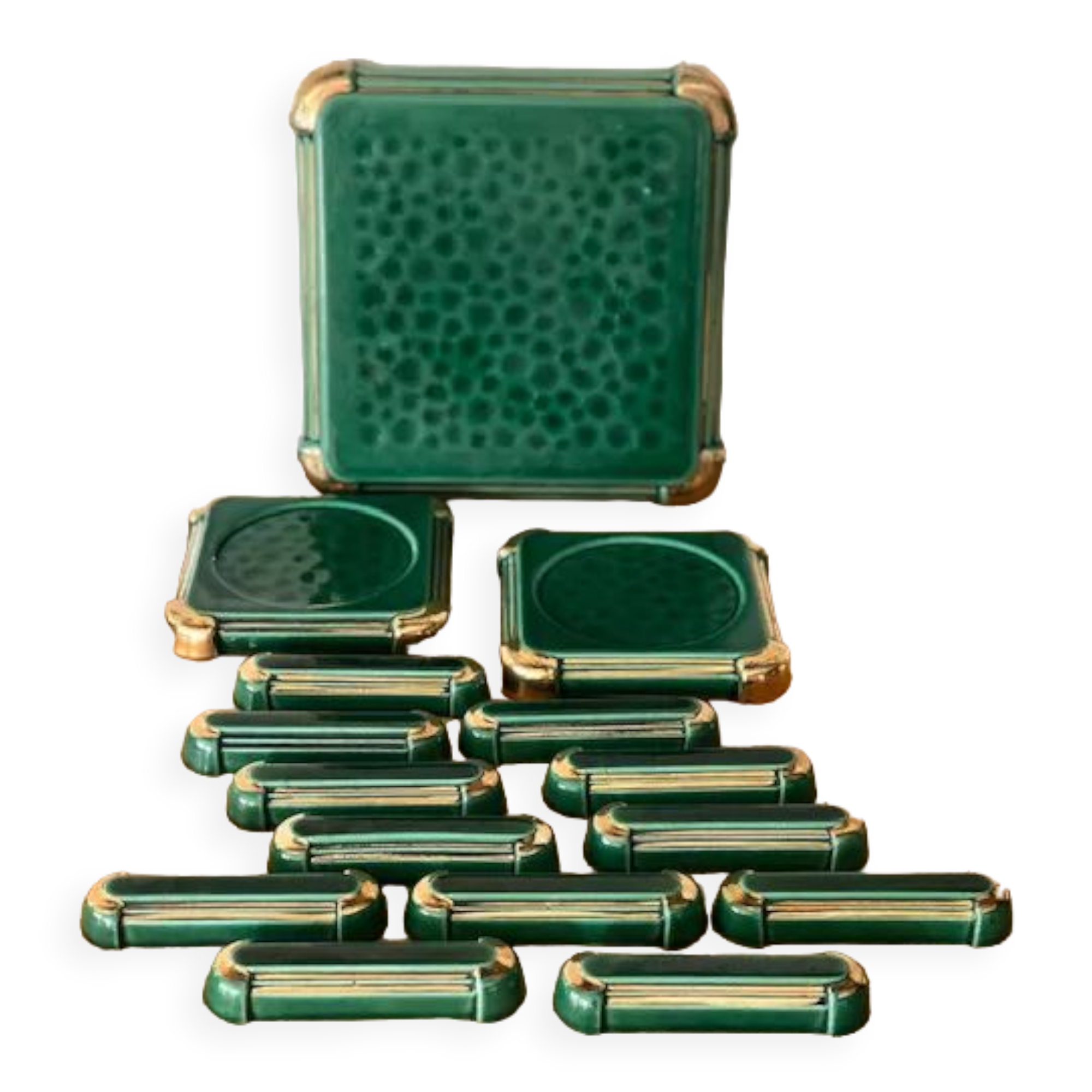 Flat rest, bottle coasters and Art Deco knife holders