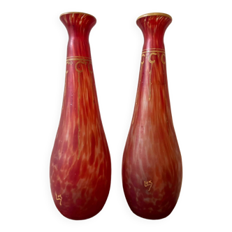 Pair of Legras sign vases. Arr deco. Molten glass