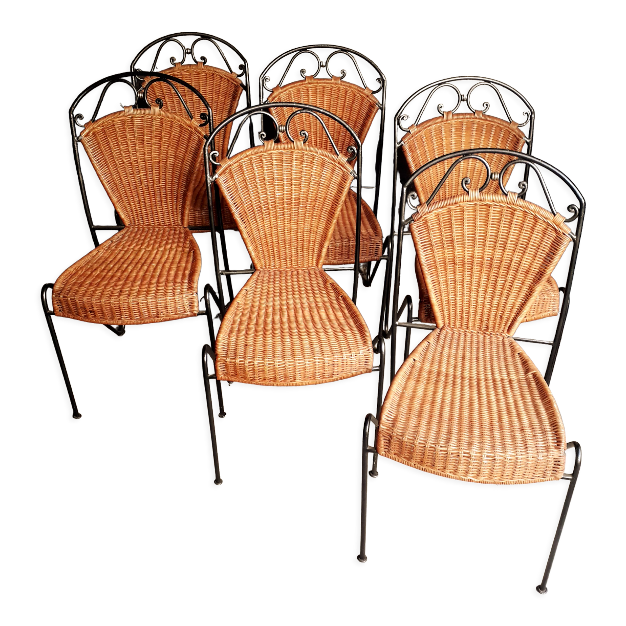 6 chaises rotin fer forgé vintage