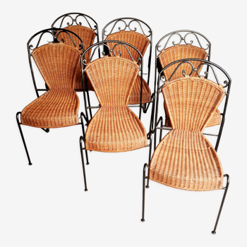 6 vintage wrought iron rattan chairs