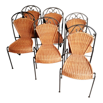 6 vintage wrought iron rattan chairs
