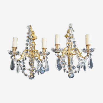 Pair of wall lamps two bronze lights with grapevines and crystal garlands – Louis XV style
