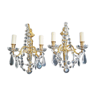 Pair of wall lamps two bronze lights with grapevines and crystal garlands – Louis XV style
