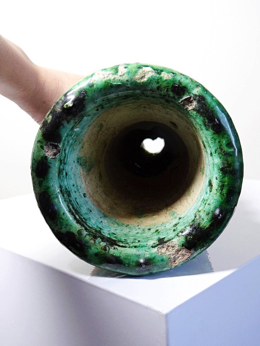 Large Tamegroute candlestick in green glazed terracotta, Morocco, 1960s-1970s.