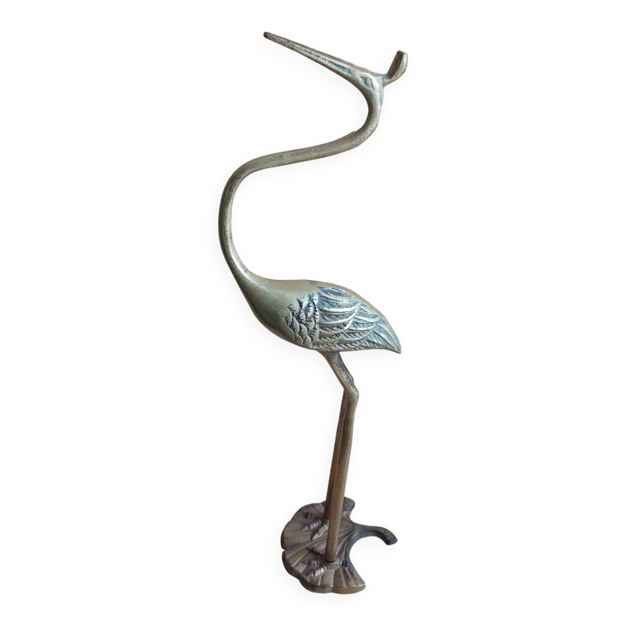 Heron bird in vintage golden brass