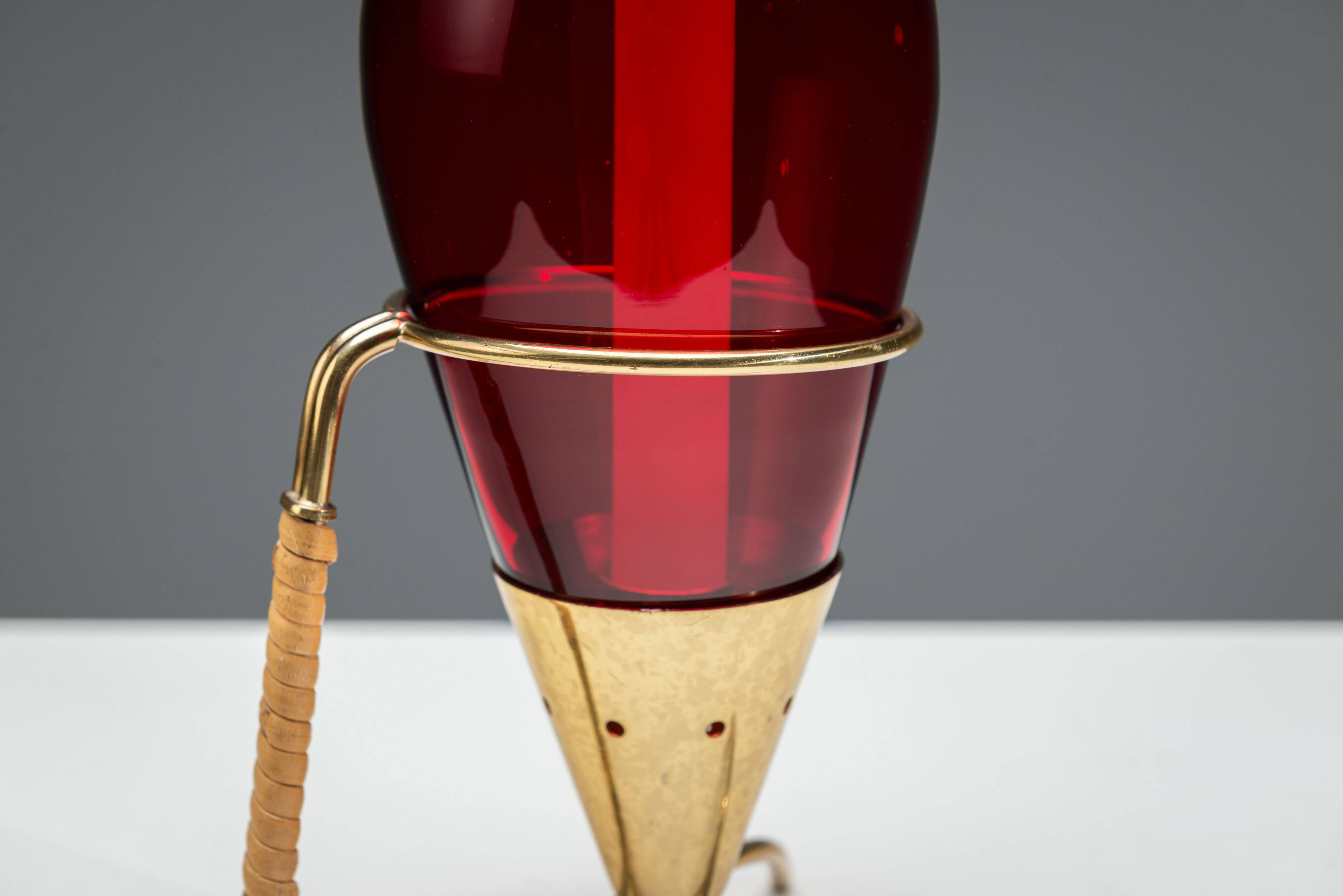 Gunnar Ander candleholder in brass, glass and rattan for Ystad Metall