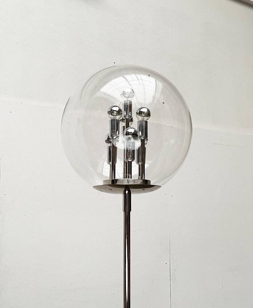 Spherical chrome and glass planetary floor lamp from the mid-century German space age by Doria Leuchten, 1960s.
