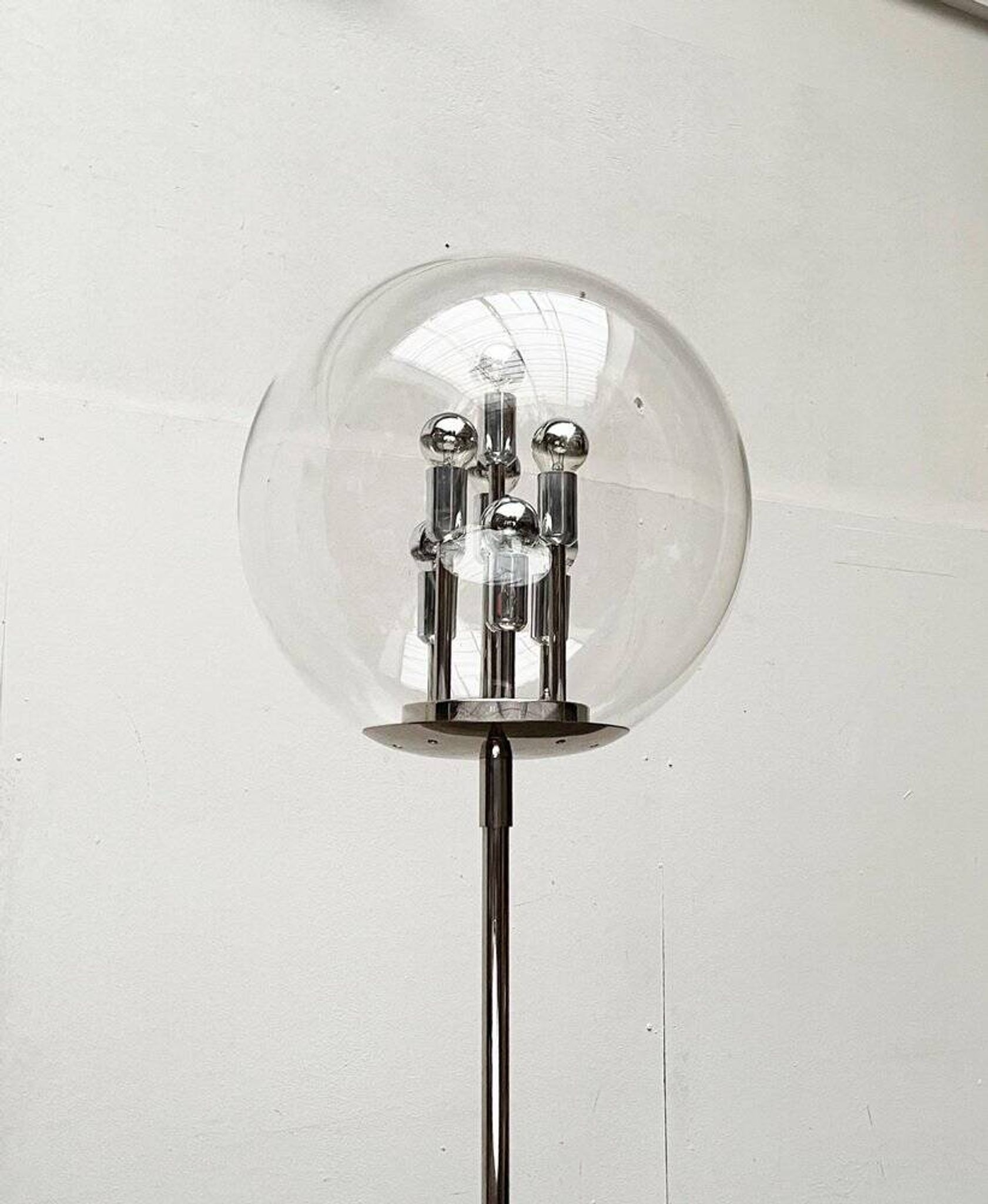 Spherical chrome and glass planetary floor lamp from the mid-century German space age by Doria Leuchten, 1960s.