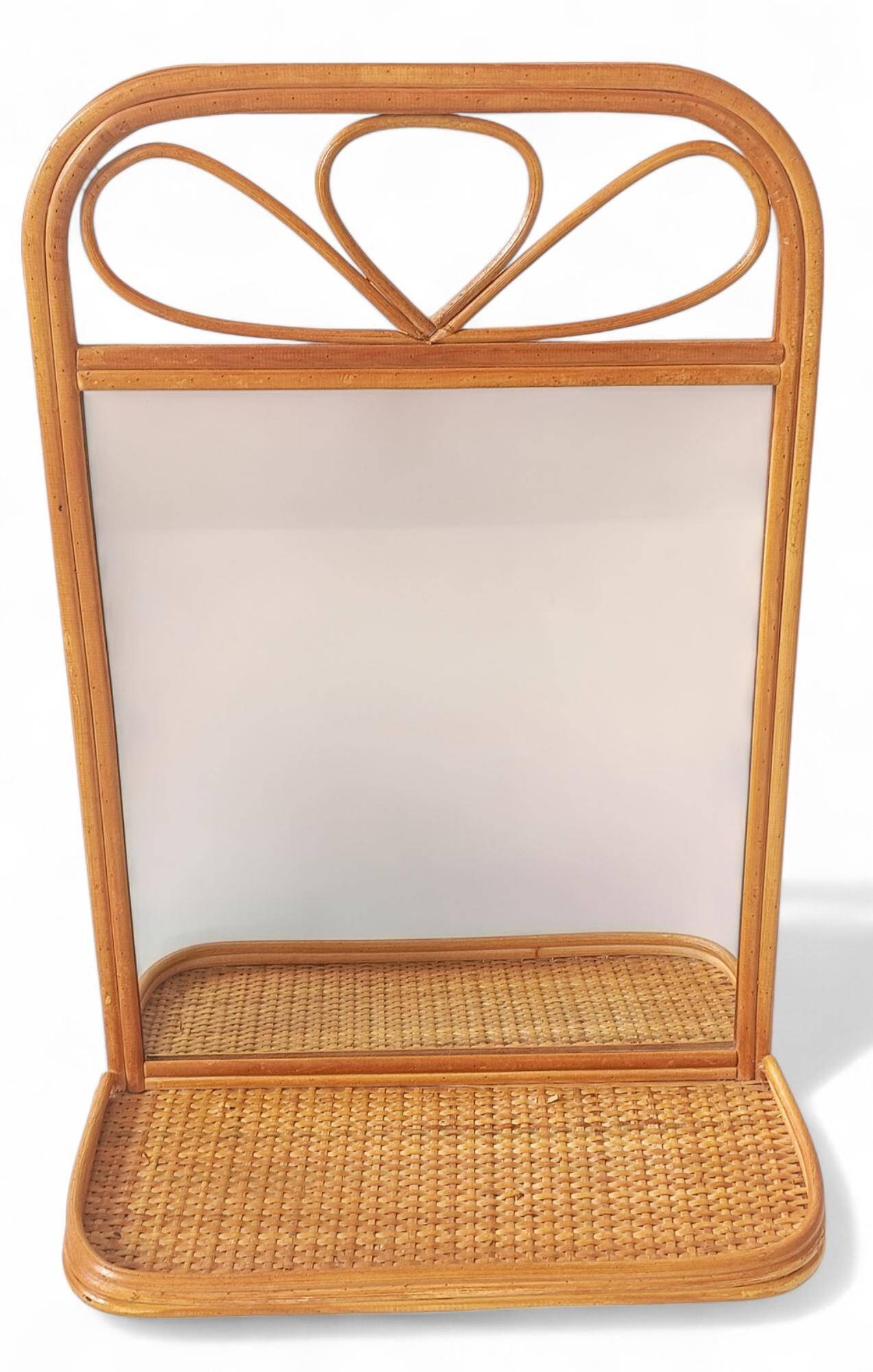 Mid Century French Riviera Rattan and Wicker Mirror With Shelf, Spain, 1960s–70s