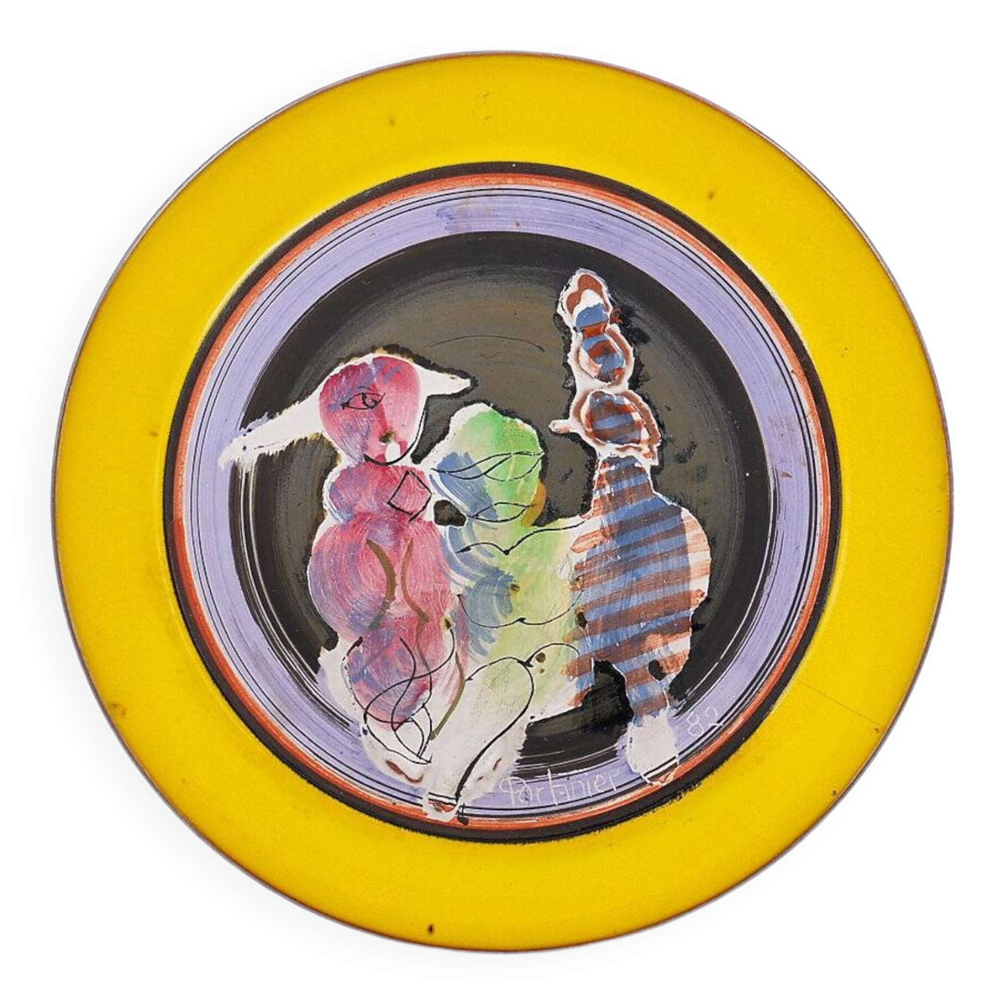 Gilbert Portanier Unique Art Yellow Pottery Plate Signed - 1982 - Vallauris