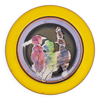 Gilbert Portanier Unique Art Yellow Pottery Plate Signed - 1982 - Vallauris