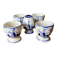 Set of 4 vintage egg cups and salt shaker in blue Delft pottery.