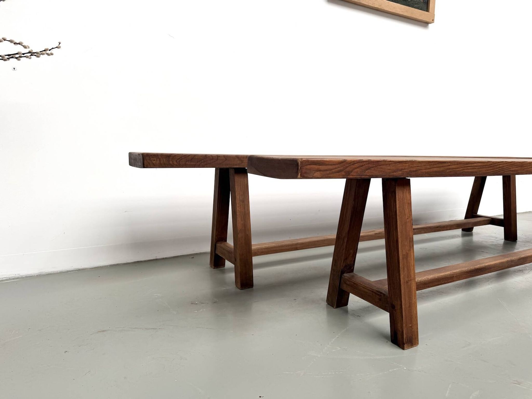 Pair of XL size benches in solid oak, 1950s.