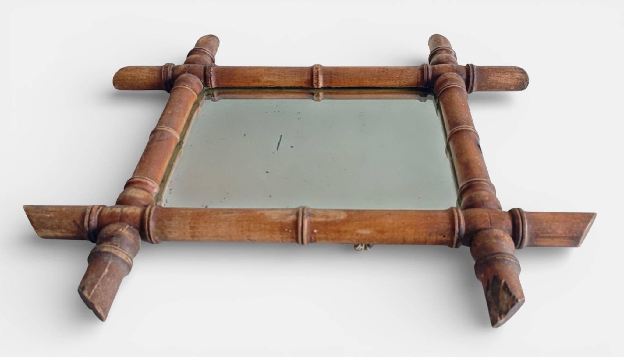 French Faux Bamboo Wall Mirror, Aged Patina, Circa 1900s
