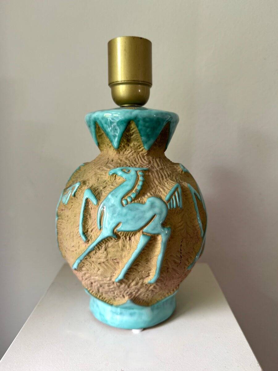 Italian ceramic table lamp with horse relief, 1950s