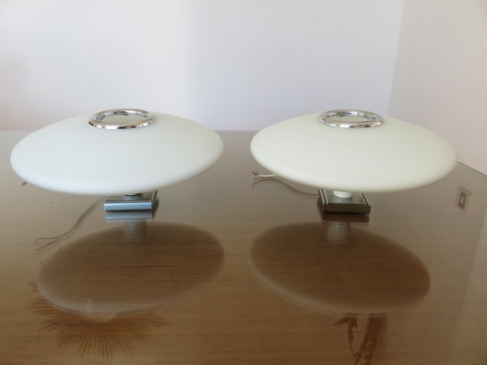 Pair of wall lamps saucer space age in white opaline 1970
