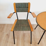 Pair of armchairs and vintage coffee table straw, wood and metal