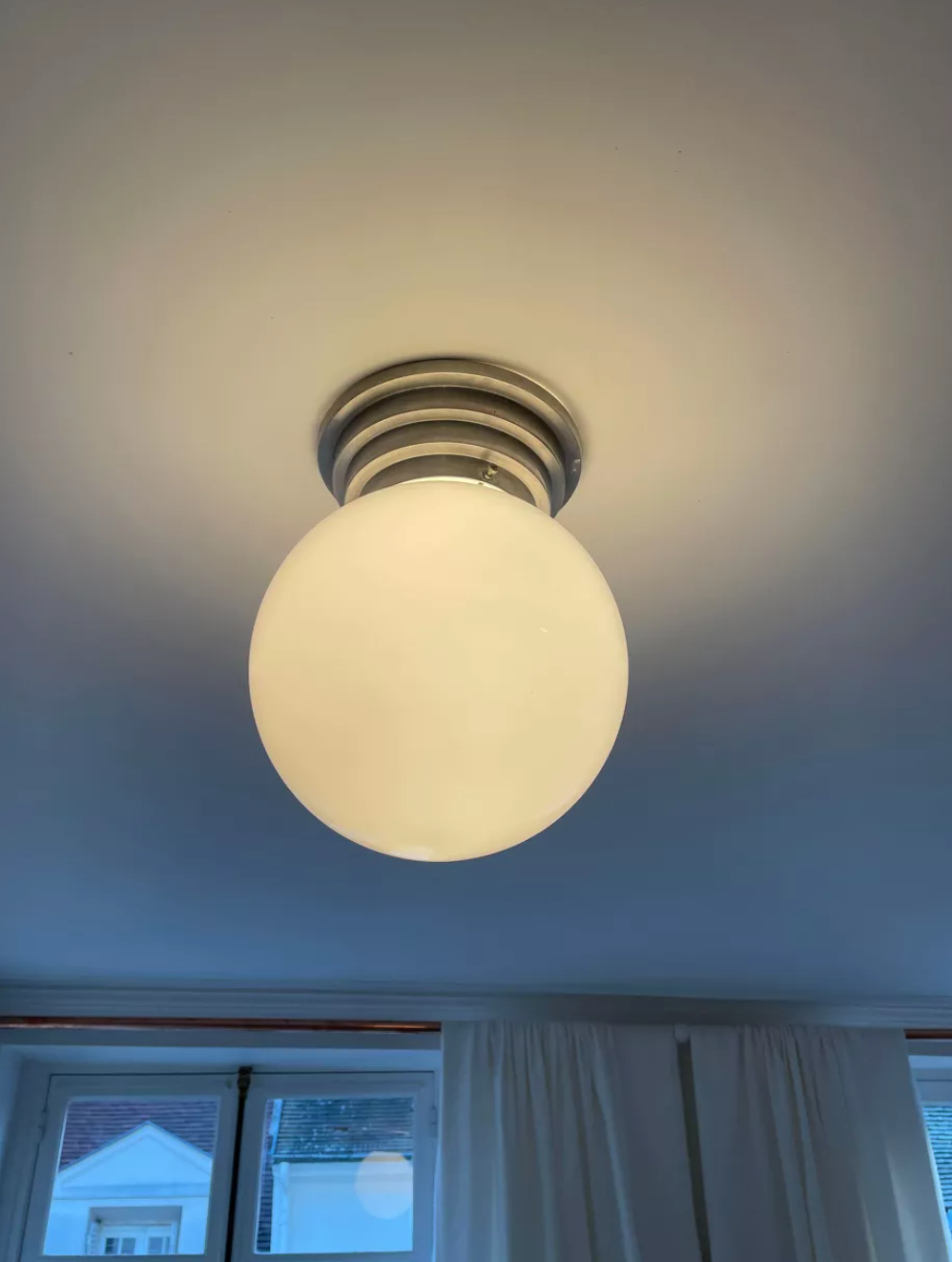 Modernist art deco stepped ceiling lamp, chrome and opaline, vintage