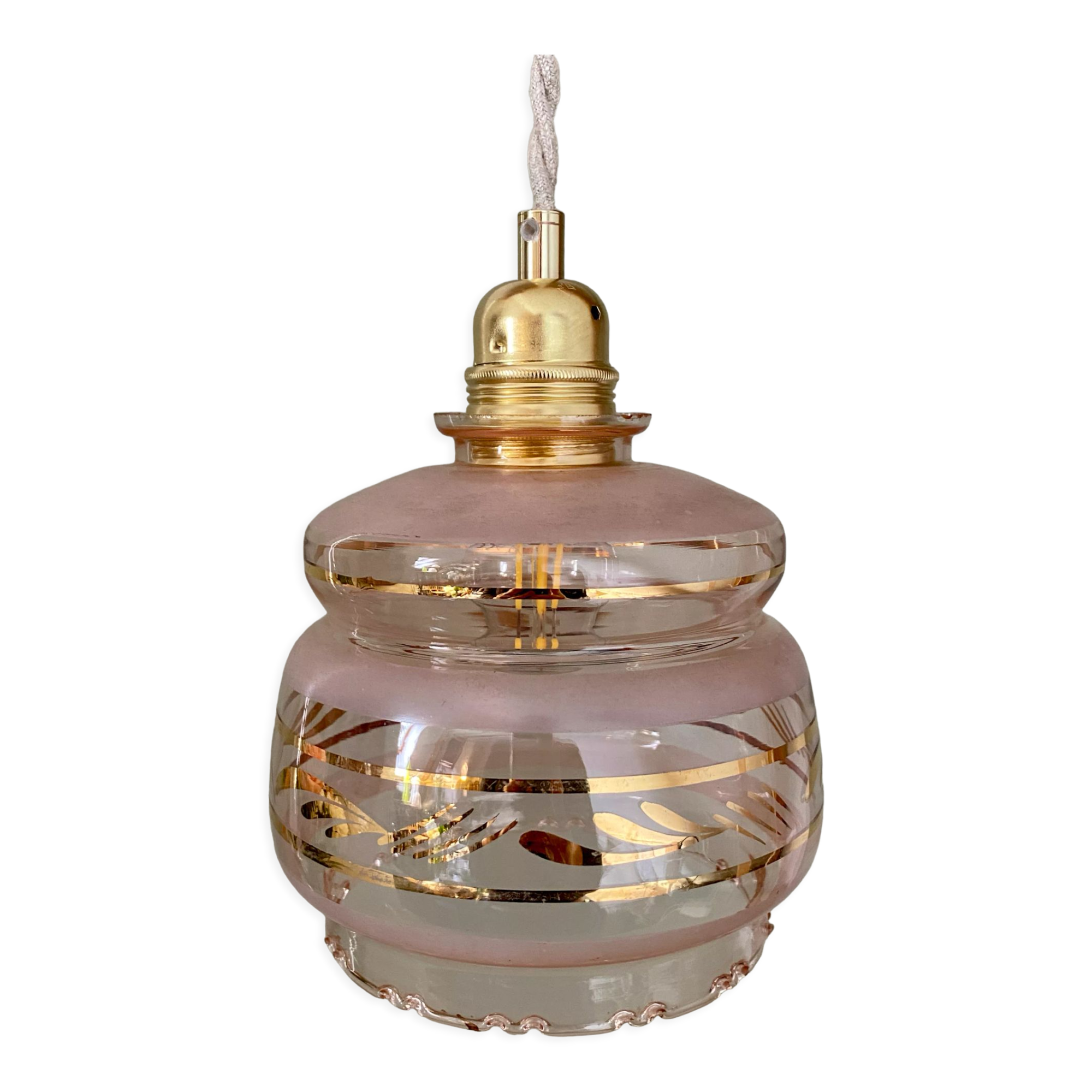 Suspension tulipe vintage art déco en verre rose et doré