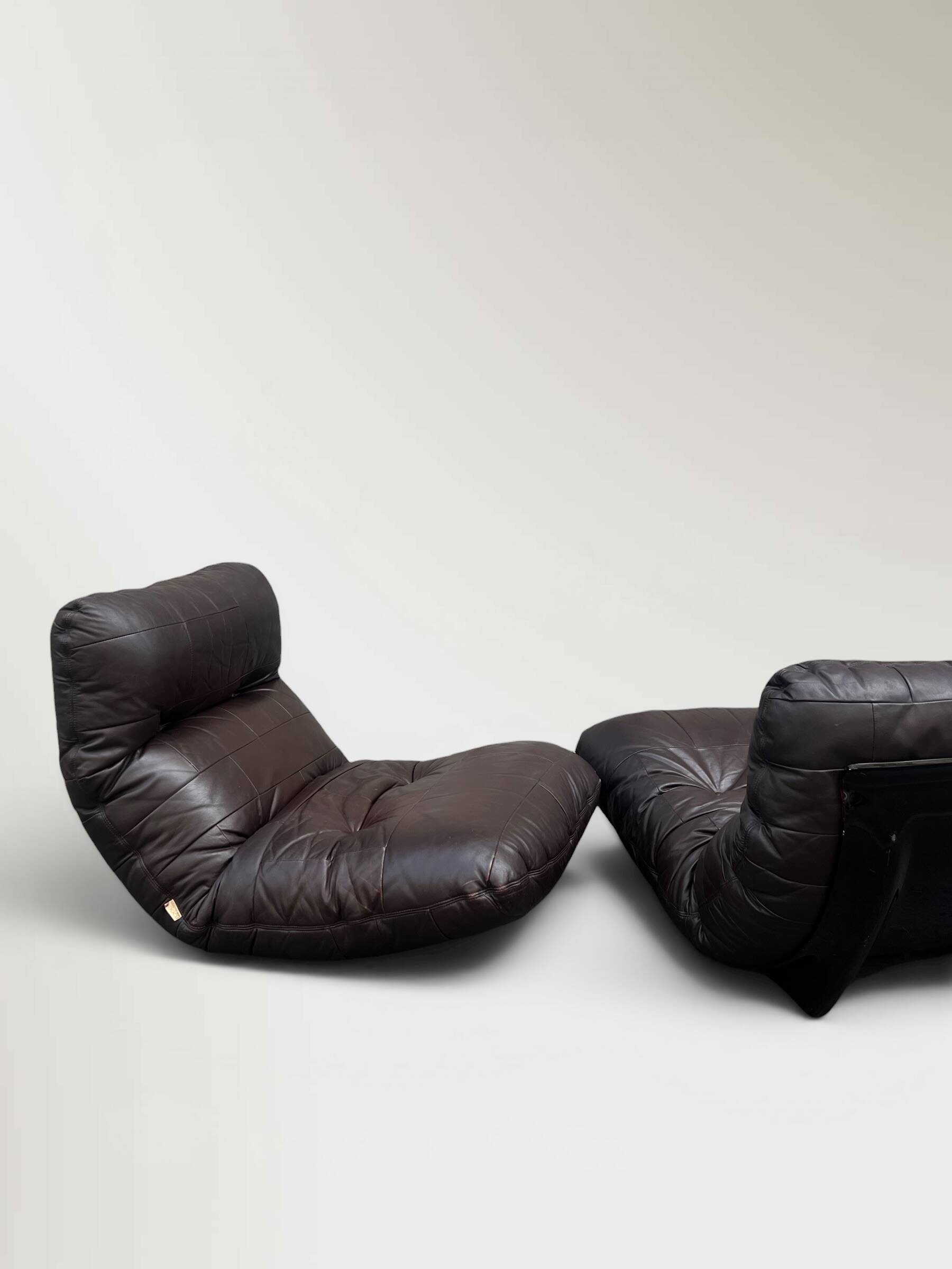 2 Marsala armchairs in plexiglass & brown patchwork leather, Ligne Roset 1970