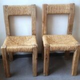Pair of brutalist chairs in wood and straw