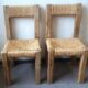 Pair of brutalist chairs in wood and straw