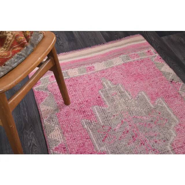 1970s Vintage Turkish Hand-Knotted Wool Cotton Pink Runner Rug 90x303