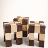 Set of 3 stools with a checkerboard pattern in solid wood.