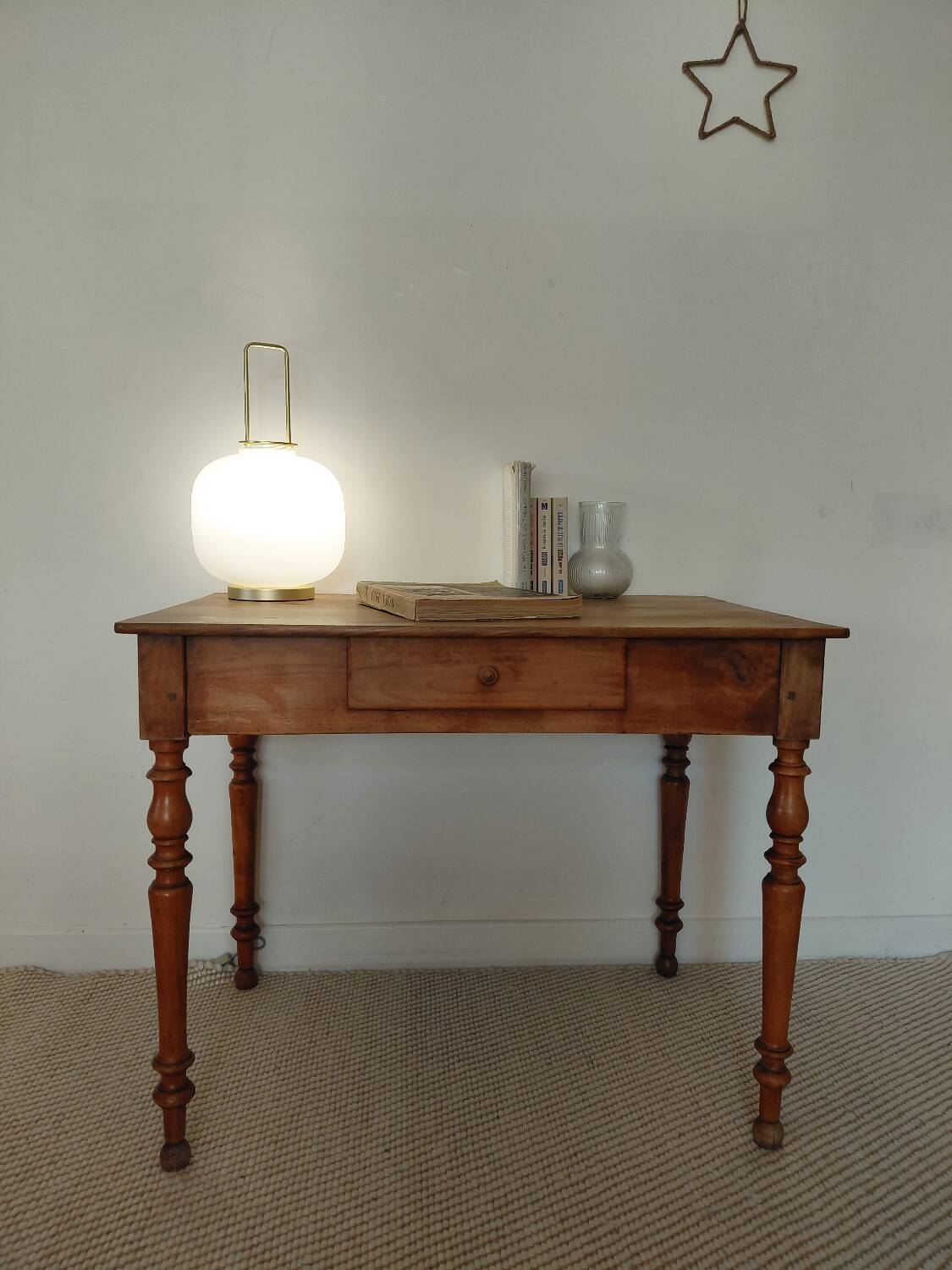 Old solid wood console - turned legs - drawer in chic country style