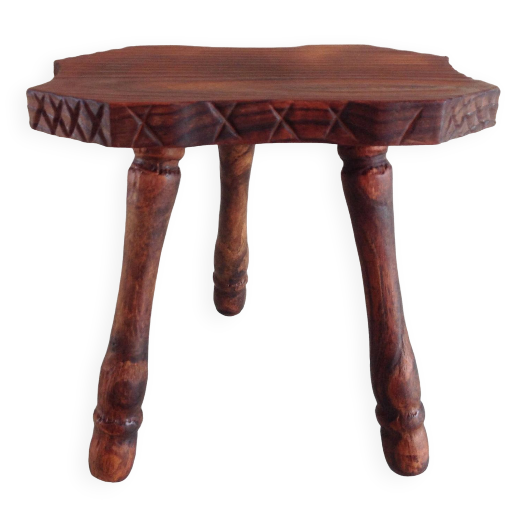Vintage brutalist wooden tripod stool from the 60s and 70s