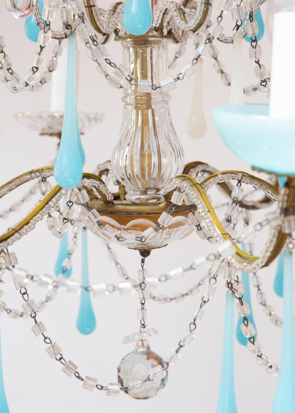 Italian chandelier with 6 arms in blue opaline glass (55 cm)